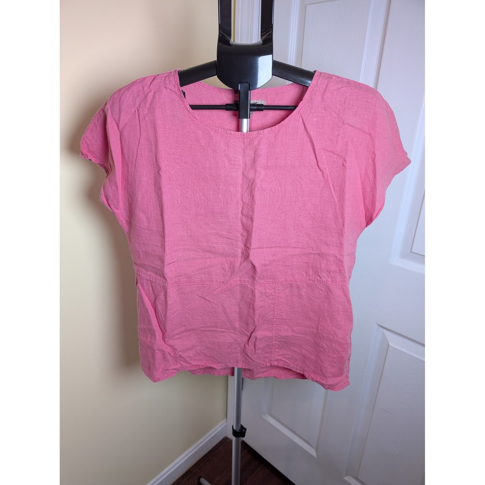 Flax Linen Top Women Petite P Pink Short Sleeve Boxy Lagenlook Blouse Small
